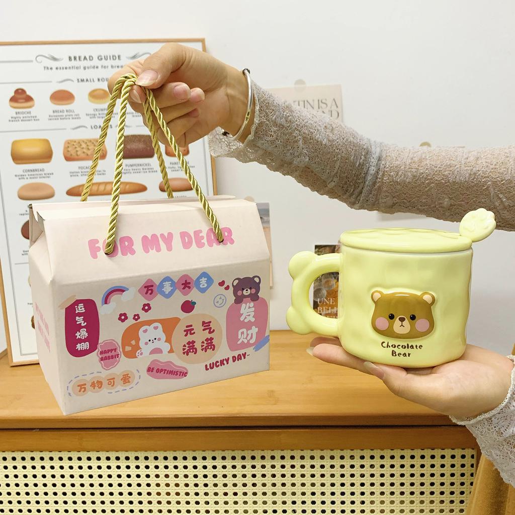 Cute Bear Mug with Lid Spoon High Value Cup Ceramic Couple Water Cup Girls Home Coffee Breakfast Cup