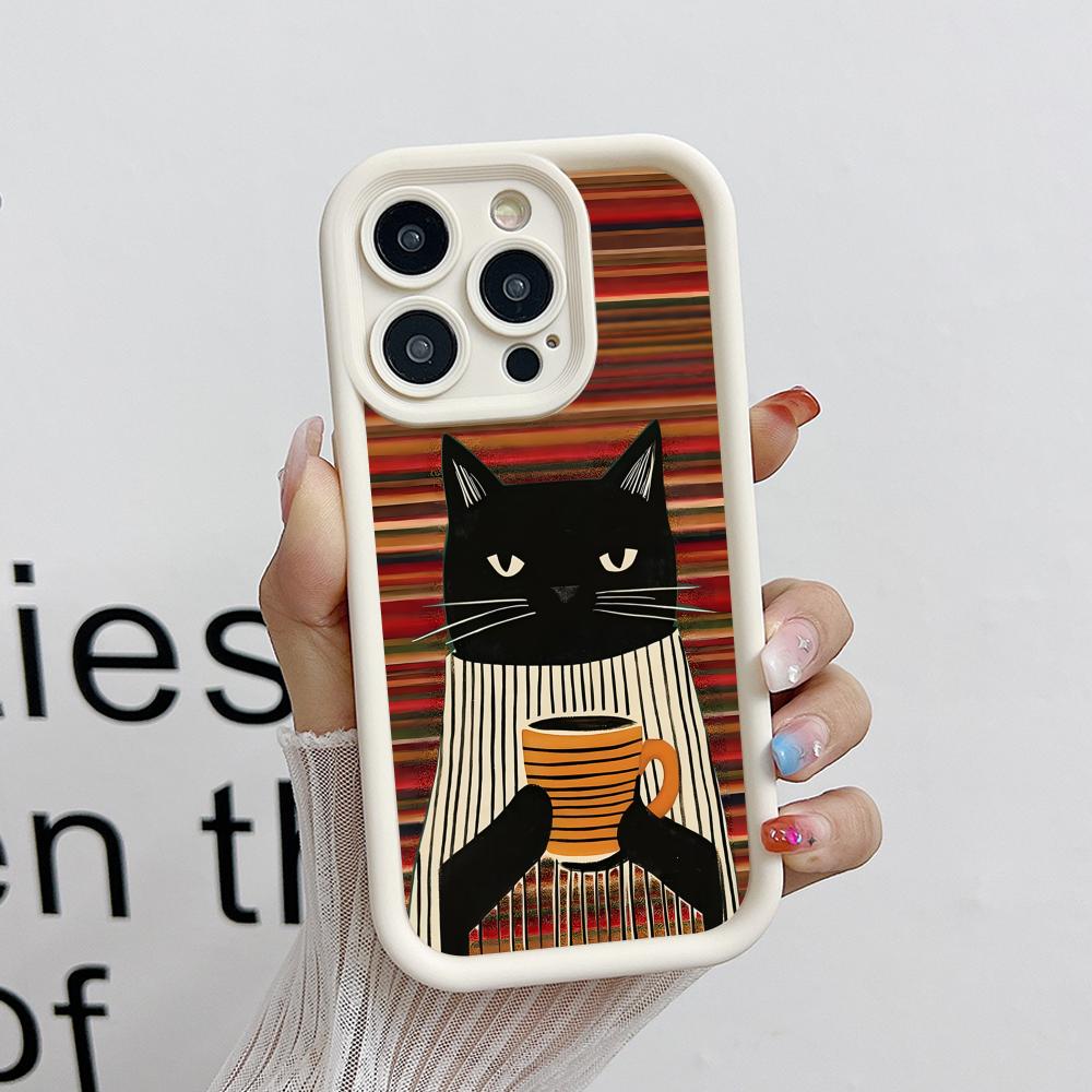 Cute Coffee Cat Thicken TPU Mobile Phone Case for iPhone 17 16 15 14 13 12 11 Air Pro Max Plus Colorful Cover