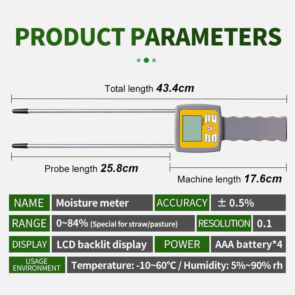 High Accuracy Hay Moisture Meter MT300H Forage Moisture Analyzer Digital Hygrometer Dual Probe Grass Straw Humidity Detector