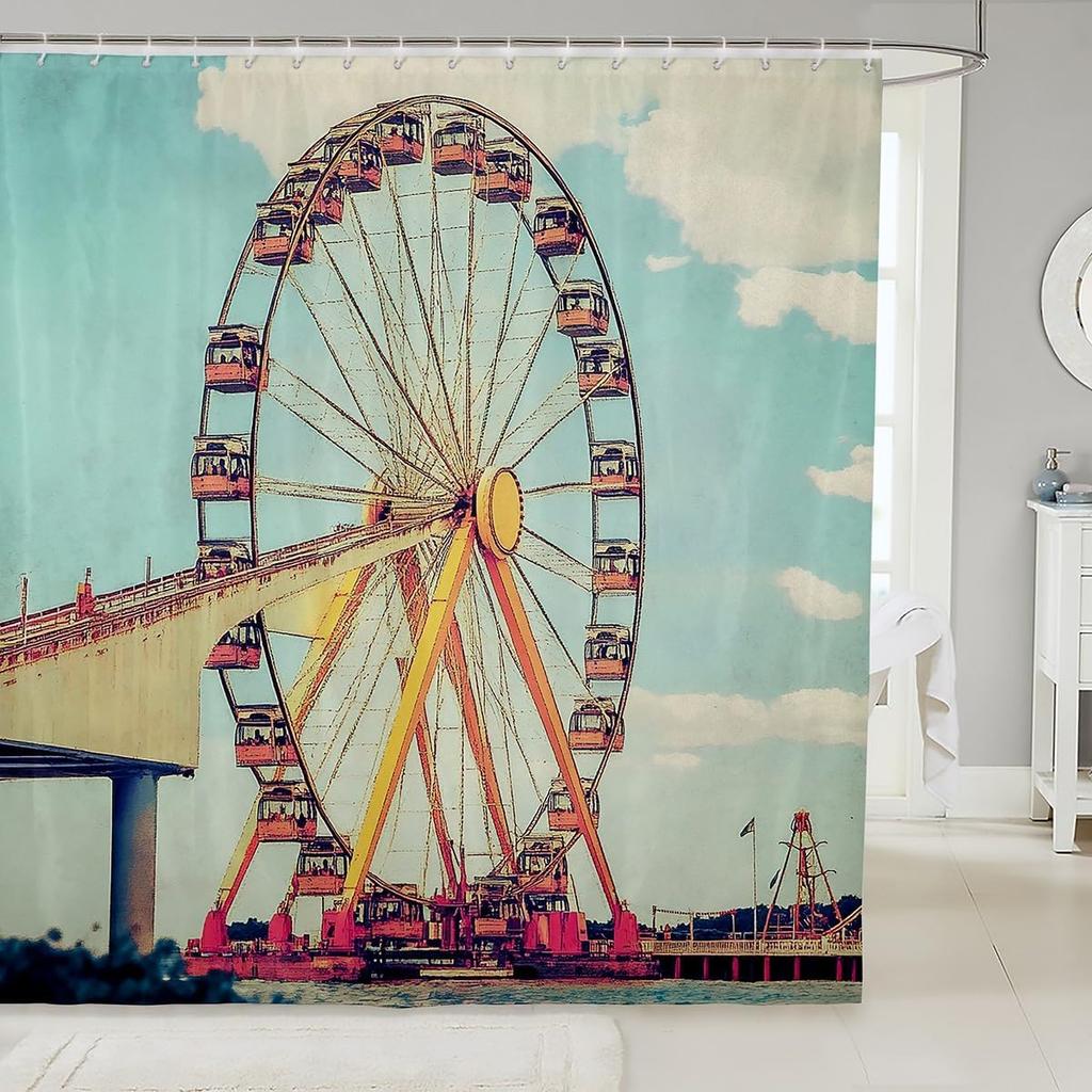 Cartoon Circus Bathroom Curtains Happy Holiday Shower Curtain Sets for Kids Boys Girls Funny Ferris Wheel Shower Curtain Funny