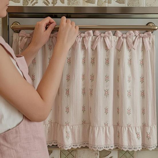 Oven Skirt with 7 Ribbon Ties Mushroom Flower Pumpkin Pattern Farmhouse Kitchen Decorative Cabinet Dishwasher Appliance Oven Curtain