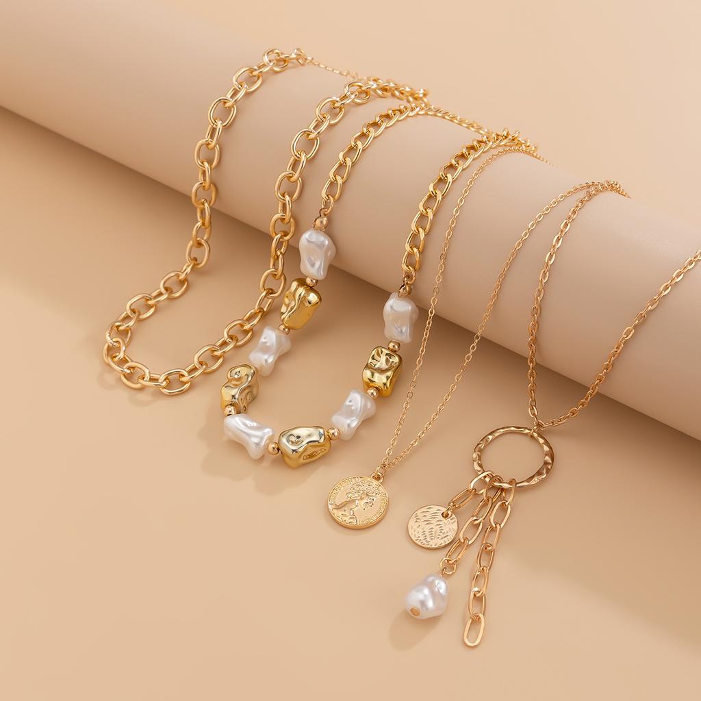 Vintage Baroque imitation pearl pendant stacked necklace female punk alloy portrait pendant item jewelry