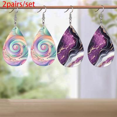 Pink Colorful Swirl Painting PU Leather Earrings For Women Creative Purple Marble Pattern Teardrop Earrings