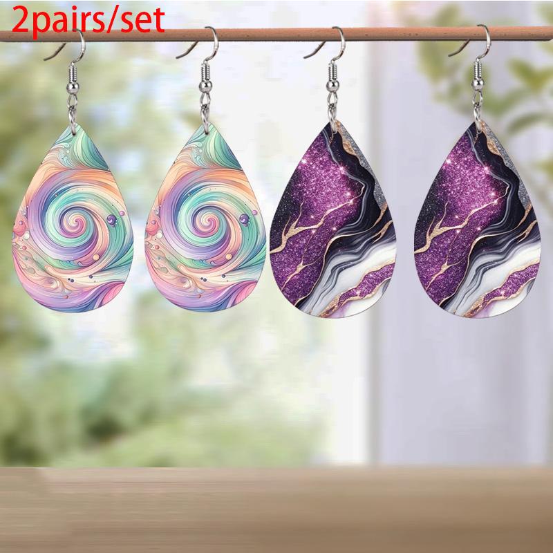 Pink Colorful Swirl Painting PU Leather Earrings For Women Creative Purple Marble Pattern Teardrop Earrings