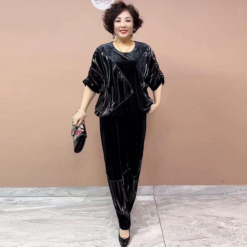 2pcs Pants Suit Women's Embroidery Flocking Plus-size Velvet Blouse High-waist Velvet Harem Pants Two-piece Set Sprint Autumn Outfits