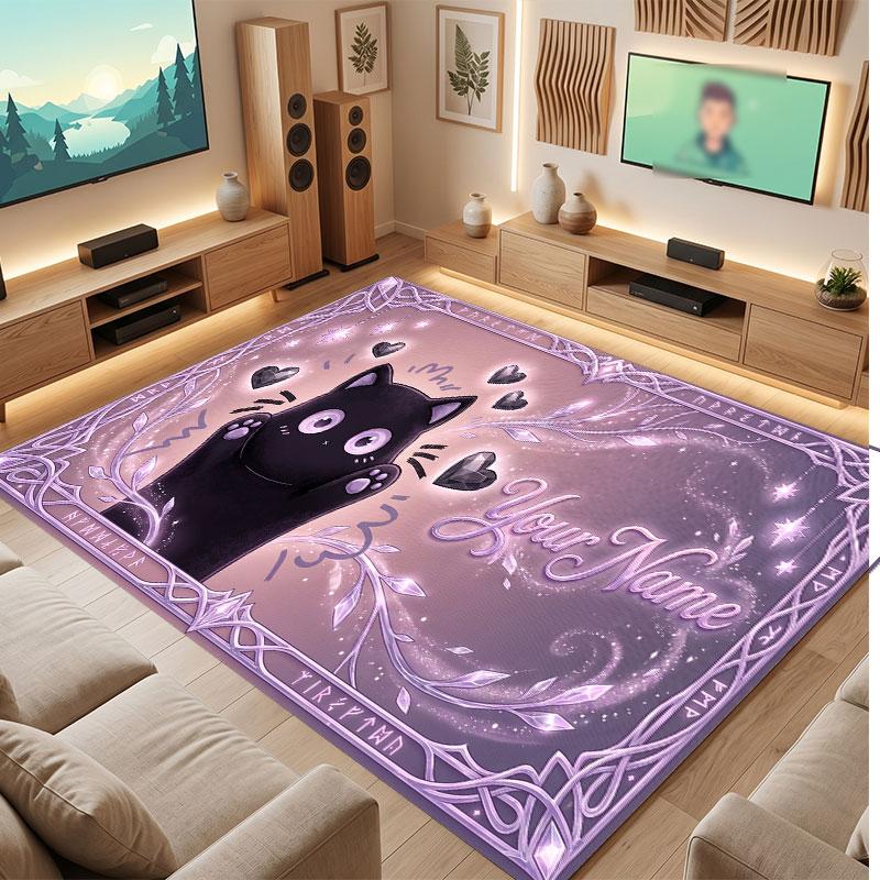 Cat Theme Crystal Velvet Floor Rug Personalized Custom Name Text Warm Carpet Home Decoration