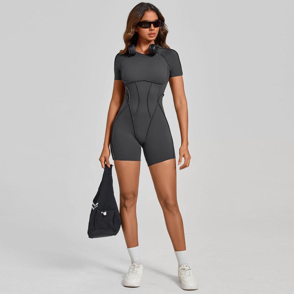 Europäischer & Amerikanischer 3D Ästhetischer Kurzarm Jumpsuit mit Offenem Rücken für Yoga und Fitness