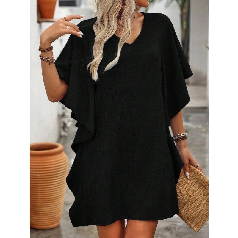 Women s Summer Pure-color Loose Ruffled Flowing V-neck Dress S