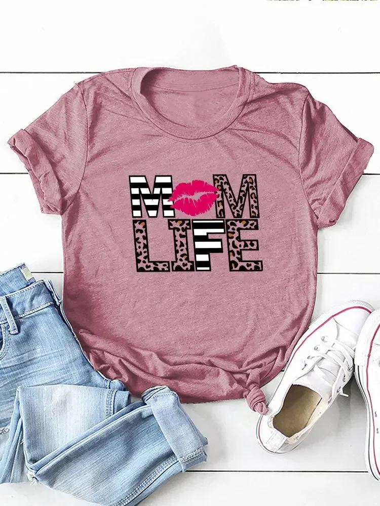 Red Lip Mom Life Leopard Print Women T Shirt Short Sleeve O Neck Loose Women Tshirt Ladies Tee Shirt Tops Camisetas Mujer
