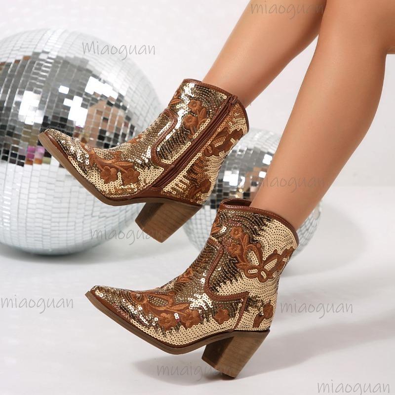 Bottes Courtes Femmes Automne 2026 Paillettes Scintillantes Grande Taille 36-43 Bout Pointu Talon Épais Mode Bottines de Fête Bottes Femmes