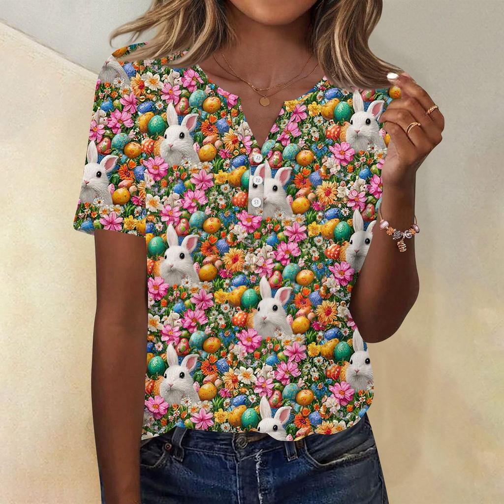 Women's T Shirt Print Button Short Sleeve Daily Weekend Fashion Basic V- Neck Regular Top