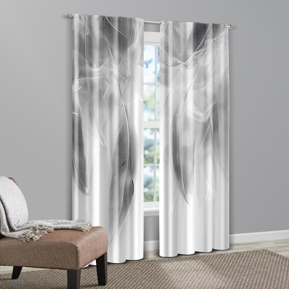 2pcs, Creative Curtains print Gray & White Feather Print Polyester (without rod) Decorations For Home Perfect for Living