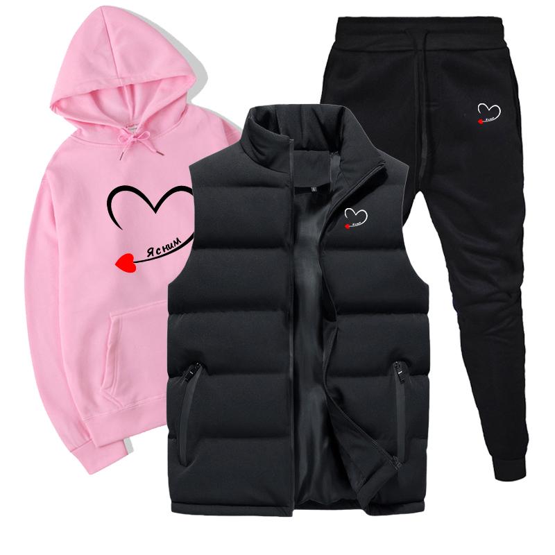 

Мужские и женские толстовки, комплект из 3 предметов, осенне-зимние толстовки + жилет + брюки, спортивный костюм S розовый