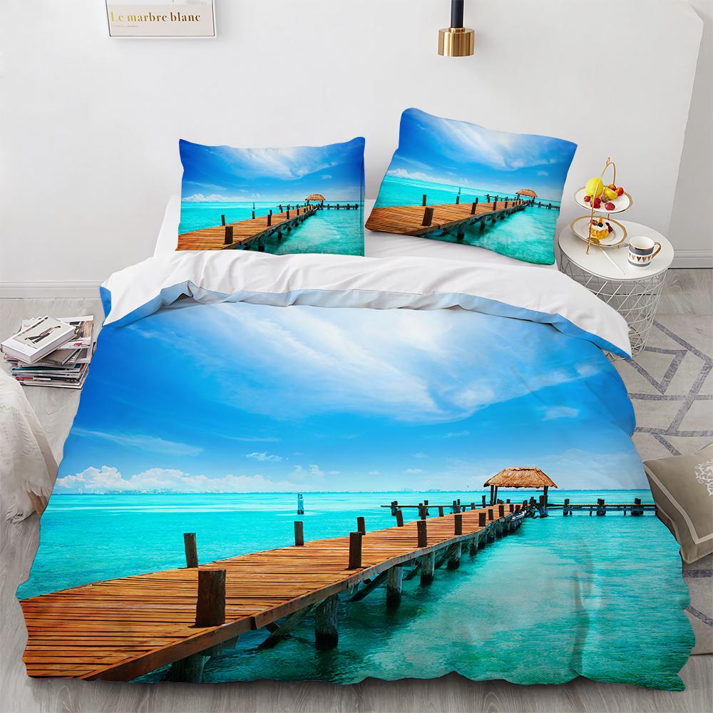 Ocean Beach Palme Bettbezug Set Meereswelle Polyester Steppdecke Bezug Tropische Blätter Hawaiianischer Urlaubsdruck Für Kind Erwachsener Teenager