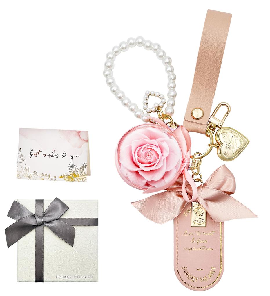 Preserved Flower Keychain Gift Box for Women Friends Birthday Present Never Withering Flowers Flower Motif Christmas Gift Day Pearl Chain Keychain Bag