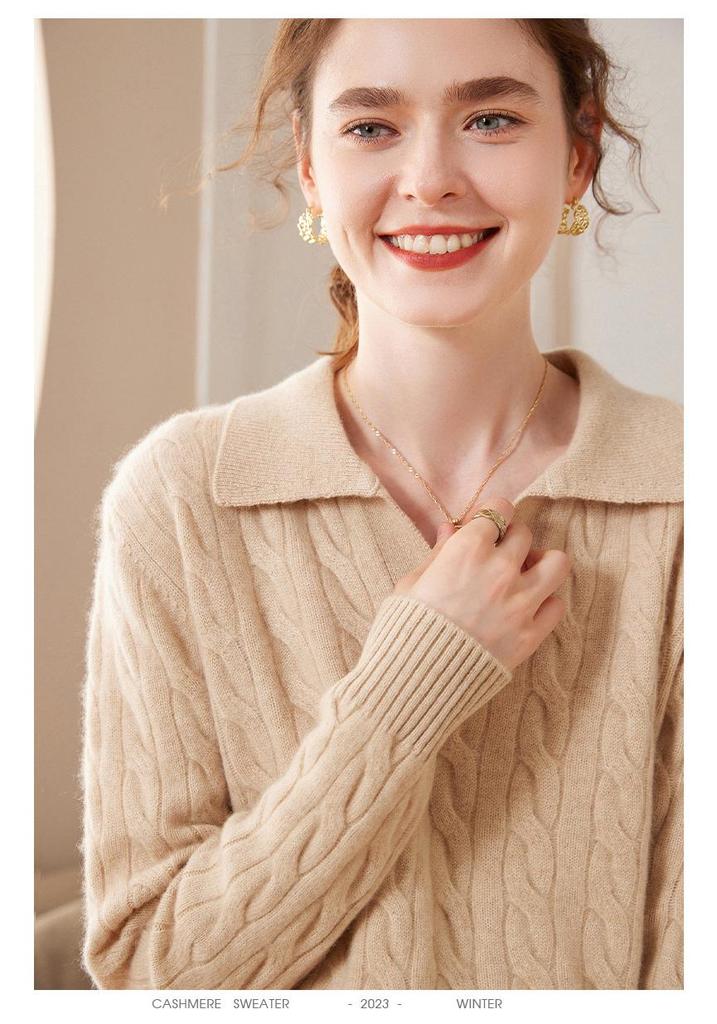 2023 Autumn Winter Women's Cashmere Polo Sweater: Versatile Retro Lapel Knit, Loose Cable Knit Base Layer