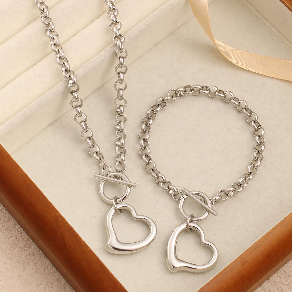Unisex Stainless Steel Heart Pendant Necklace & Bracelet Set - Minimalist Hip Hop Trend