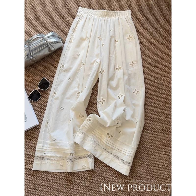 

Apricot crochet hollow wide-leg pants women s summer loose lace splicing nine-point pants high-waisted casual straight-leg pants M абрикосовый