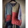 Ancient Mud Patchwork Loose Linen Top - Women's Plus Size Artistic Black & White Plaid Shirt