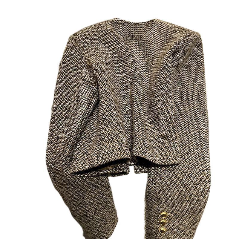 Chaqueta de tweed corta vintage para mujer, elegante blazer corto coreano de otoño, de un solo pecho, combina con todo, ropa de abrigo informal y elegante