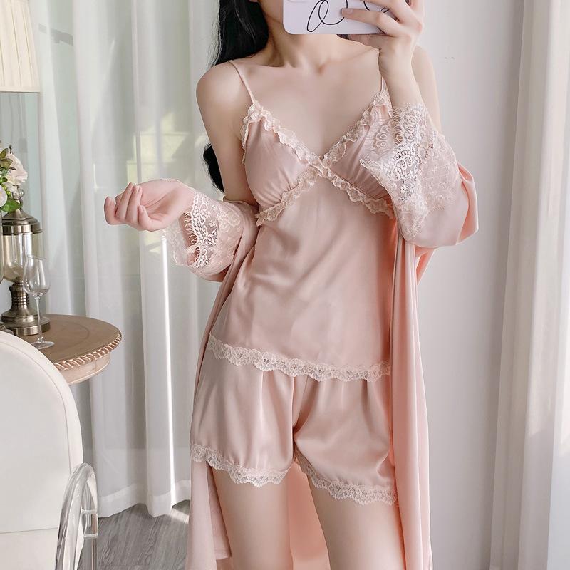 Internet Celebrity Spring and Summer Women's Pajamas New Thin Solid Color Lace Ice Silk Suspender Shorts Vest Loungewear Set