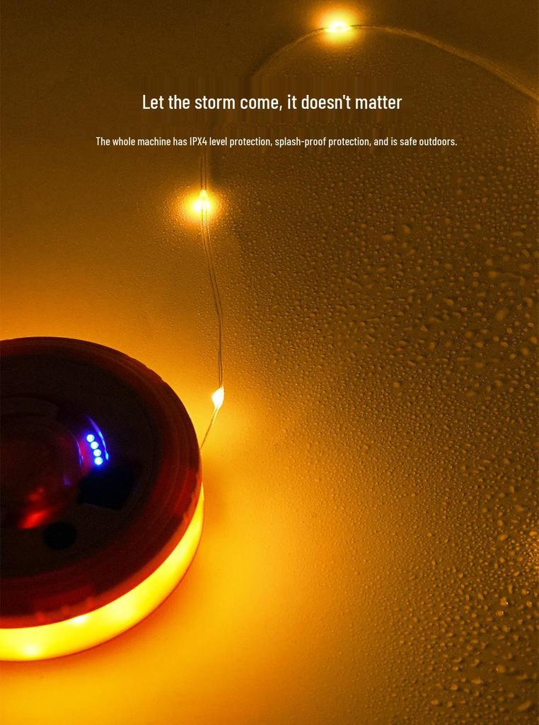 USB Rechargeable LED Camping String Lights with Tent Storage and Tape Measure