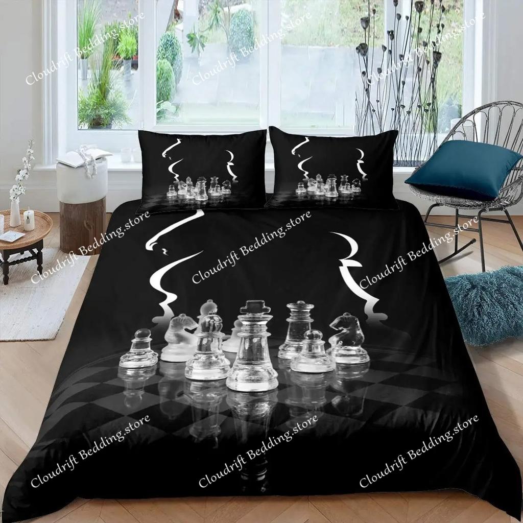 International Chess Duvet Cover Set Queen Size Chess Lovers Bedding Set for Boys Adults Microfiber Black Base Quilt Cover