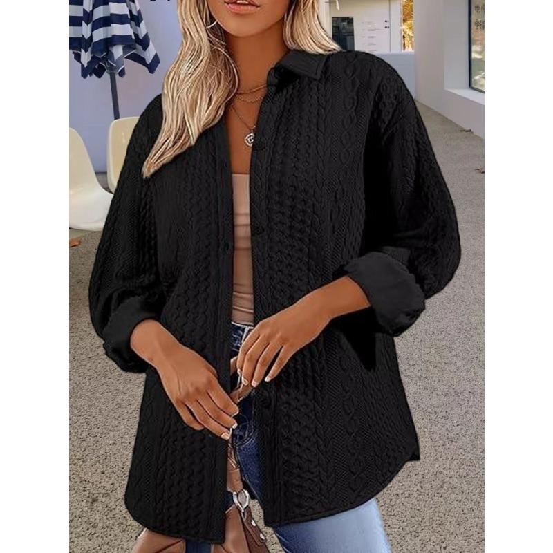 women s Cable Knit Solid Color Turn Down Collar Button Down Cardigan Casual Long Sleeve Knit Jacket S чёрный
