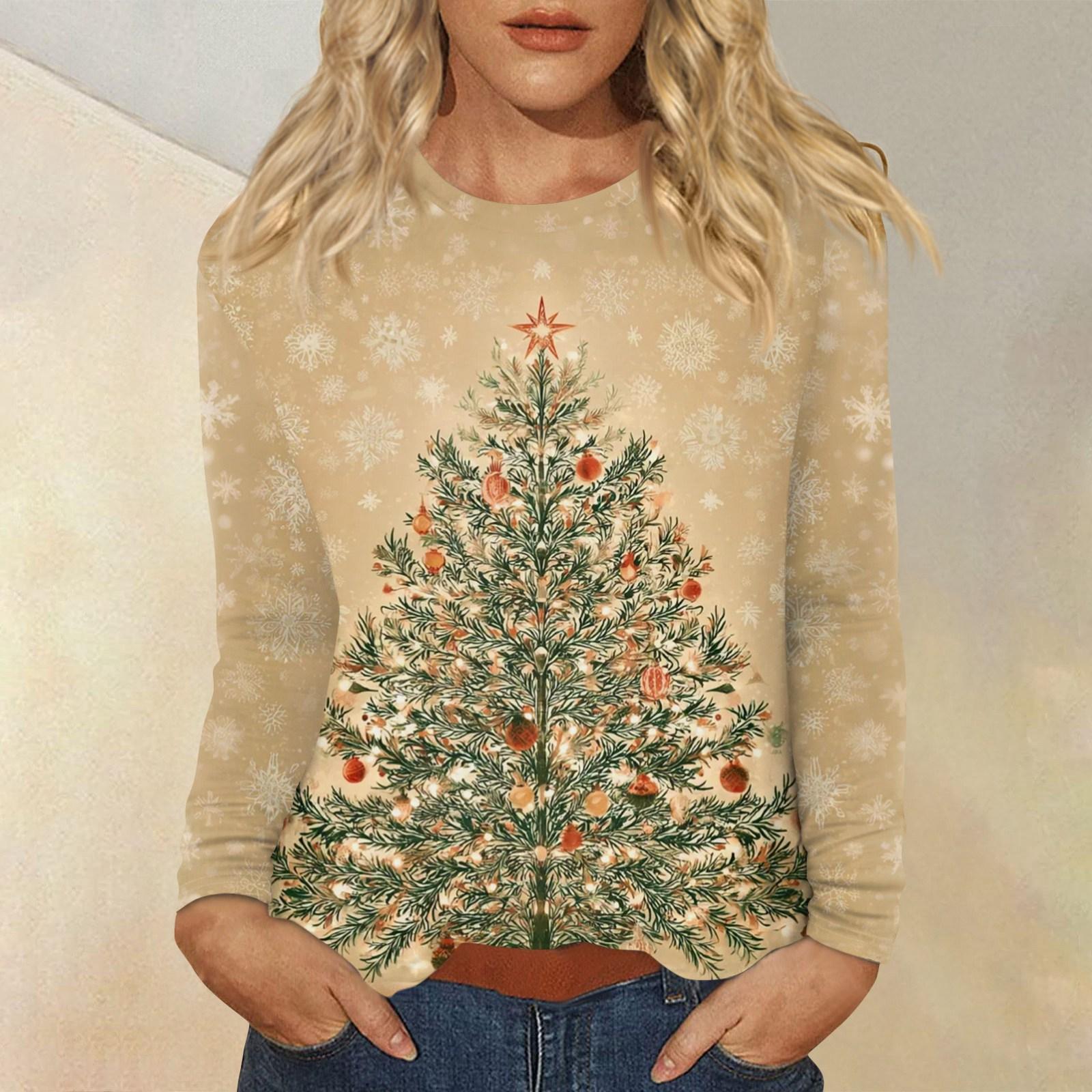 

Женская мода повседневный рождественский принт круглый вырез длинный рукав пуловер топ XL хаки