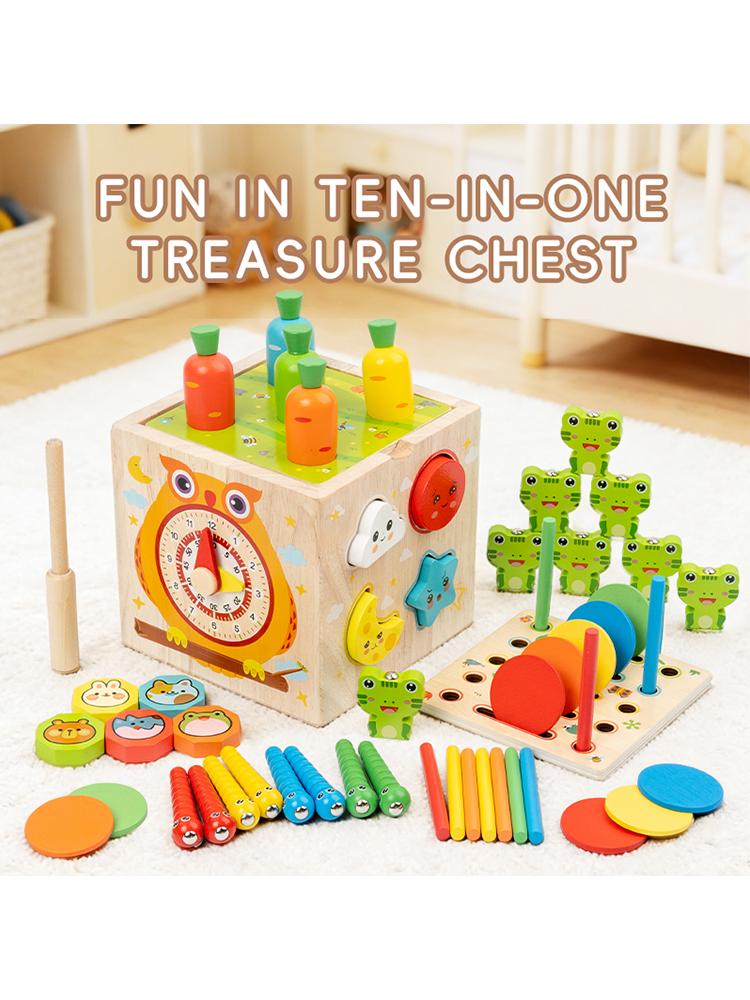 

Wooden 10-in-1 Activity Cube Toy Multifunctional Montessori Early Learning Educational Toy for Toddlers with Shape Sorter Clock