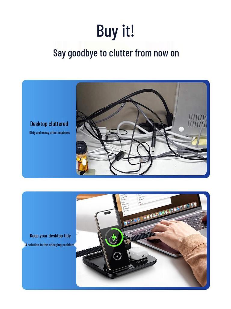 R13 Foldable 3-in-1 Wireless Charger for iPhone, Earbuds, Watch - Fast Charging