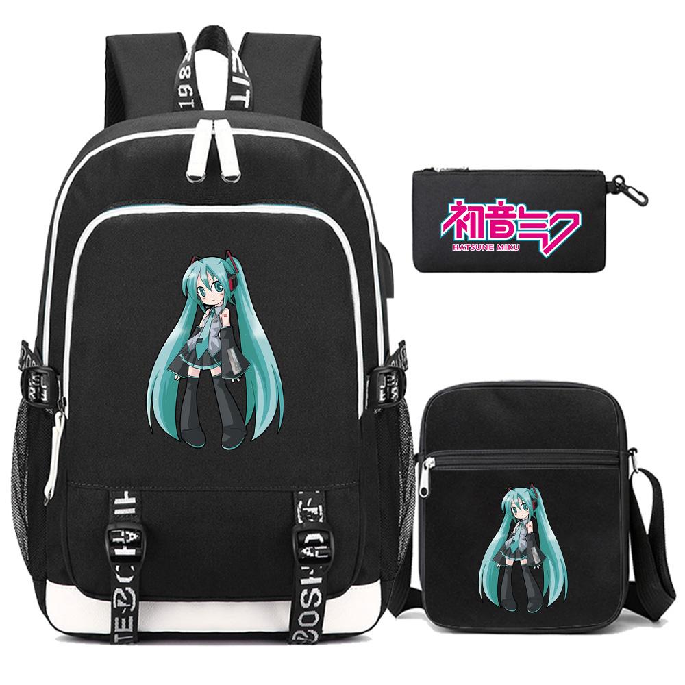 3 Stück/Set Anime Cartoon Hatsune Miku Bedruckter Rucksack Große Kapazität Wasserdichte Schultasche Schüler Junge Mädchen Schultasche Outdoor Laptop Reisetasche Geschenk