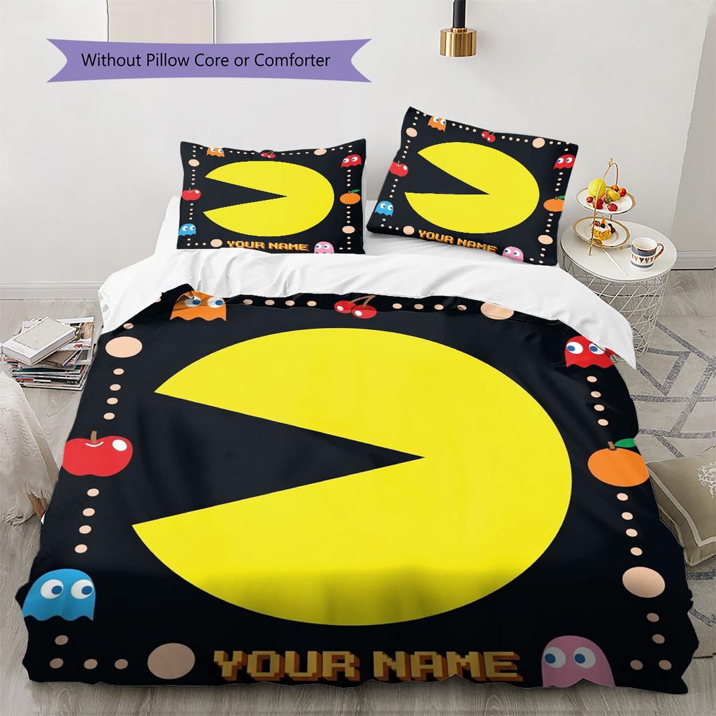 Pac-Man Custom Name Pattern Bedding,Quilt Set Quilt Cover Pillowcase Home Birthday Gift(1 * Duvet Cover + 2 * Pillowcase, Without Core)