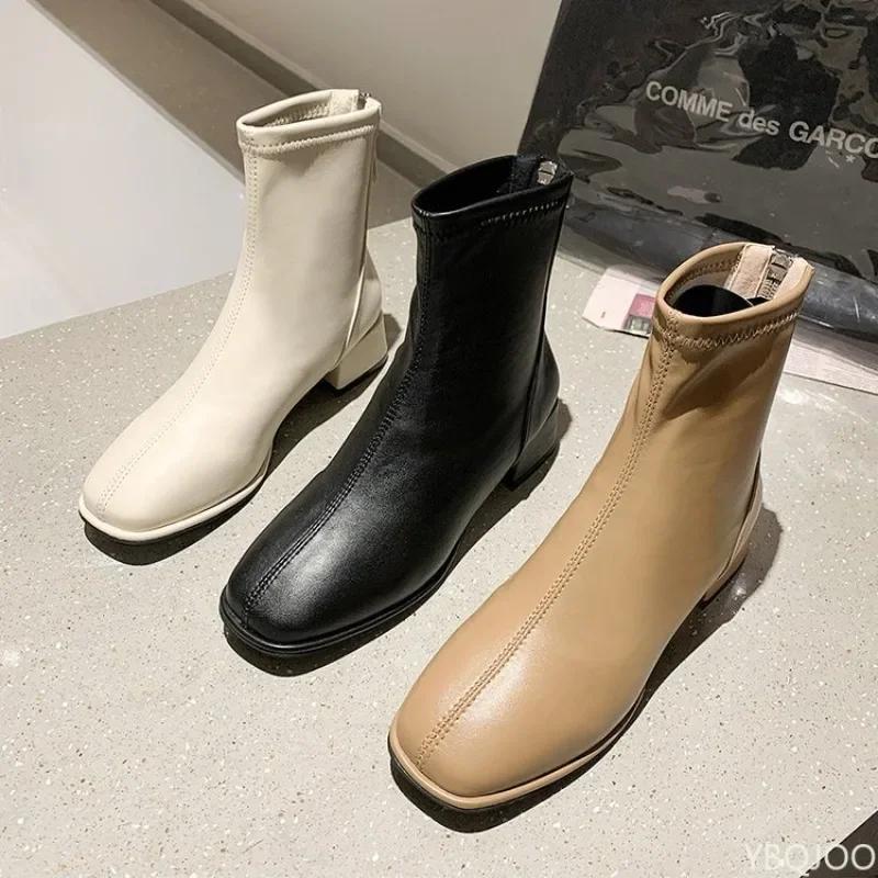 2025 Autumn/Winter New Square Zipper Women's Retro Short Boots with Middle Heel and Ankle Fashion Elastic Socks Women's Boots