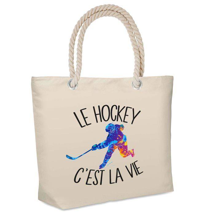 Sac de plage - PLANETEE - Isotherme de plage «Hockey C'est la vie» - Coton beige - Grande contenance - Imprimé en France