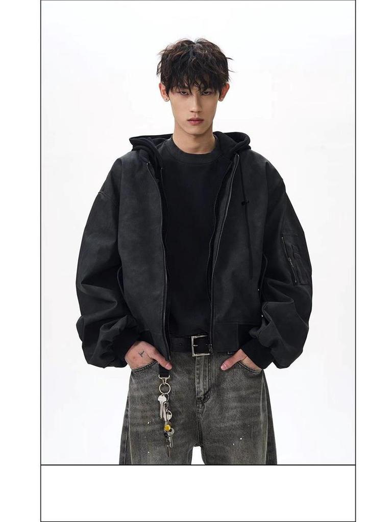 Herren Retro Zweiteilige Leder Fliegerjacke - Cleanfit Scheunenstil Locker Arbeitskleidung