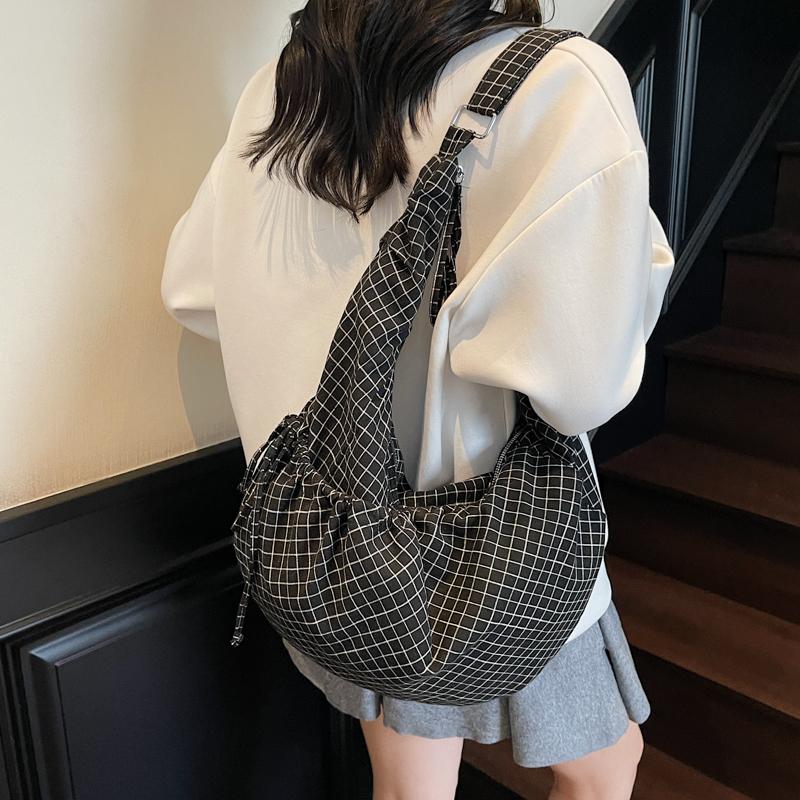 Women's Large Capacity Crossbody Bag Canvas Pleated Plaid Nylon Bag Commuter Shoulder Bag
