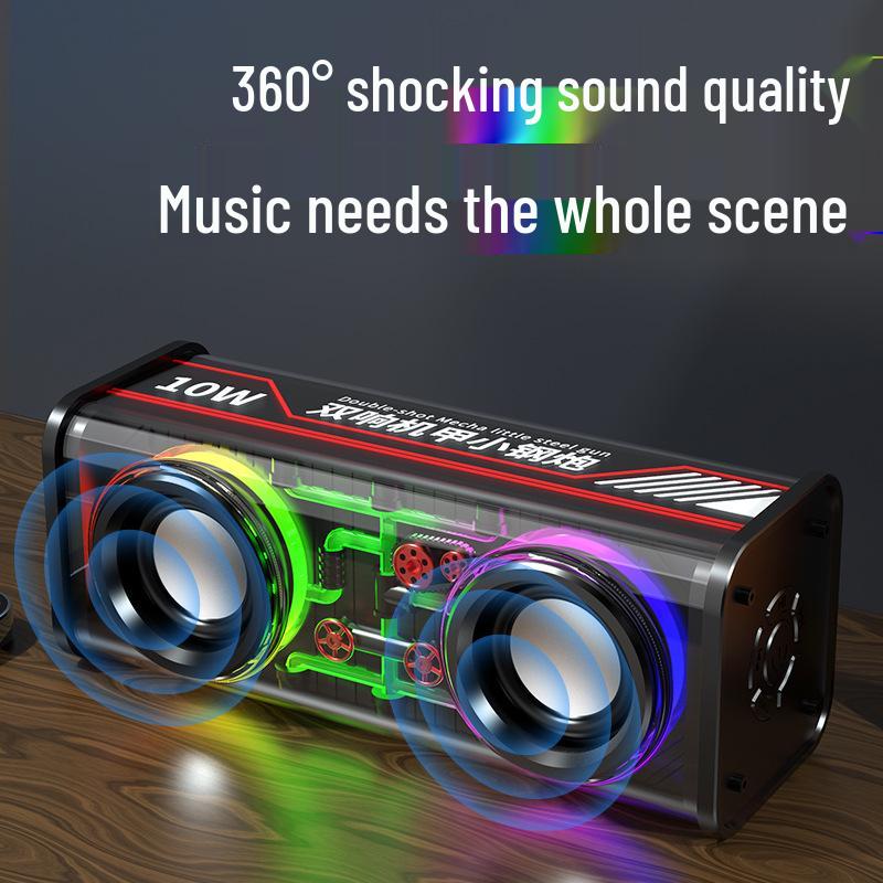 V8 Transparent Mecha Bluetooth Mini Desktop Speaker - Portable & Wireless with Card Slot for Outdoor Use.