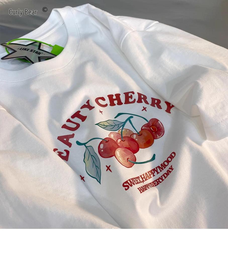 7 Cherries Women's 230g Cotton Short-Sleeve T-Shirt, 2024 Edition - Loose Fit, Soft & Sweet Style
