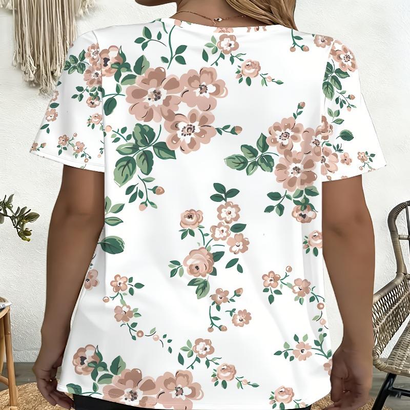 Women'S Summer White Base Nude Pink Rose Floral GentlePrinted Pocket Round Neck Short Sleeve T-Shirt Casual Top