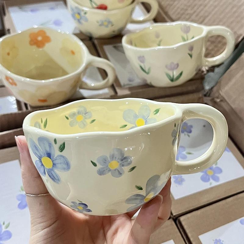 Ceramic Mugs Coffee Cups Hand Pinched Irregular Flower Milk Tea Cup Ins Korean Style Oatmeal Breakfast Mug Drinkware Kitchen