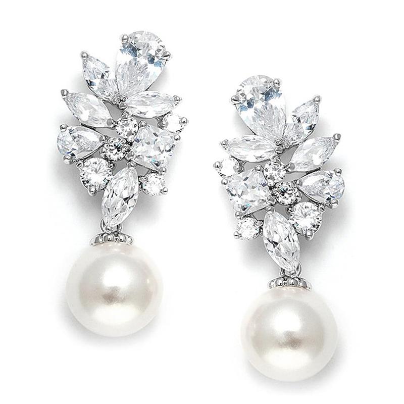 Huitan Luxury Lady Wedding Earrings Exquisite Simulated Pearl Pendant Zircon Bright Zirconia Accessories for Engagement Party