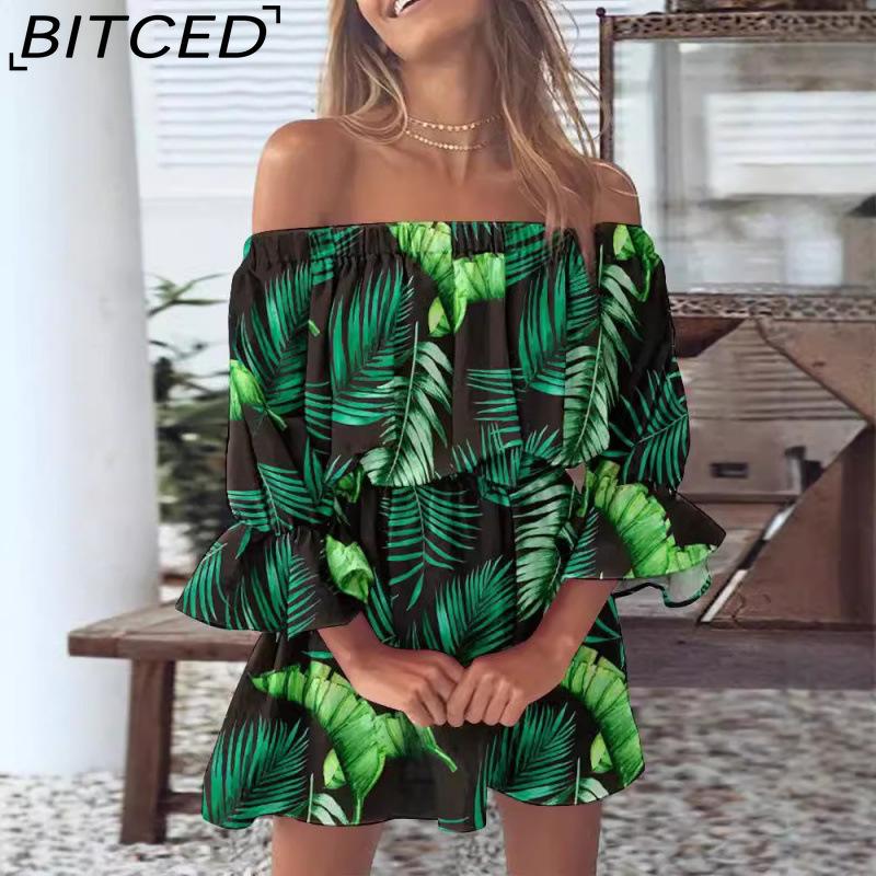 BITCED Women Floral Print Mini Dress Summer Sexy Off Shoulder Flare Sleeve Tunic Dress Female Casual Boho Beach Dress