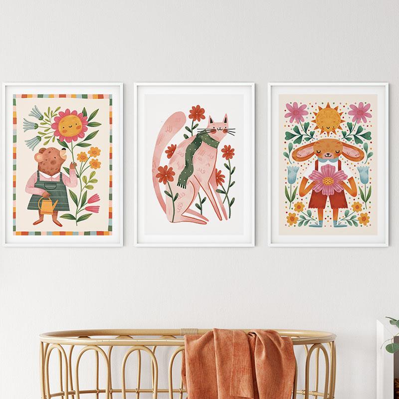 Colorful Bear Rabbit Cat Mouse Flower Leaf Abstract Animal Posters Prints Wall Art Canvas Painting Pictures Baby Kids Room Decor