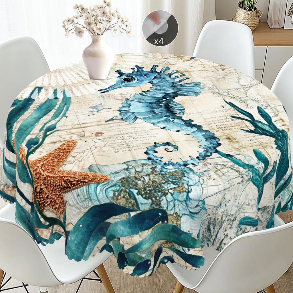 1 Piece Of Summer Retro Ocean Theme Printed Tablecloth, Seahorse, Seaweed, Starfish Pattern Design, Suitable For Spring And Summer Camping Style Picni