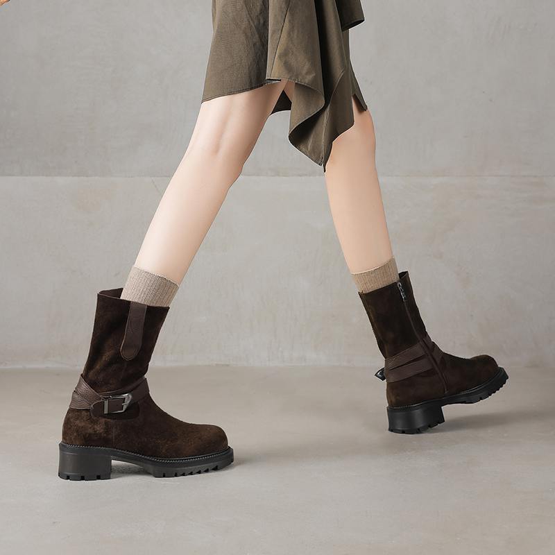 Krazing Pot Fashion Cow Suede Nubuck Winter Round Toe Modern Boots Med Heels Zipper Metal Buckle Mid-calf Boots