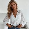 Fashion Vintage Long Sleeve White Women's Lace Shirt Spring and Summer Hollow Out Sexy Blouse Women Elegant Tops Pleated Slim Fit Button Ladies Shirts