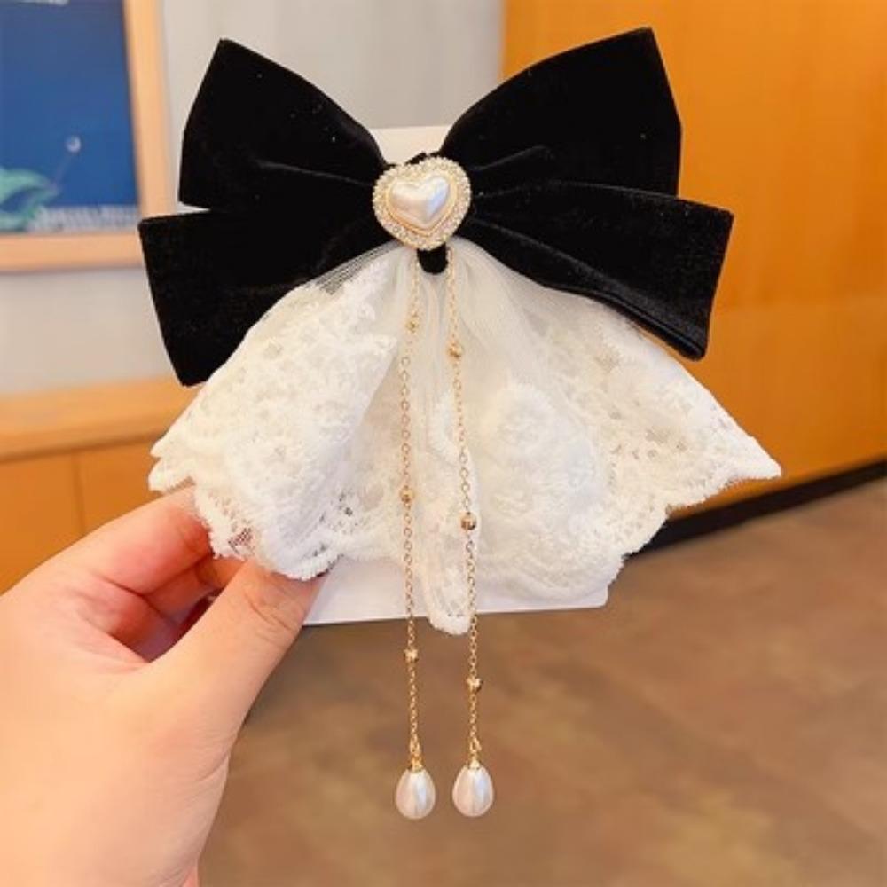 Sweet Temperament,Lace Red Big Bow,Runaway Princess, Broken Diamond Hair Clip,Women's Back of The Head Headband Accessory