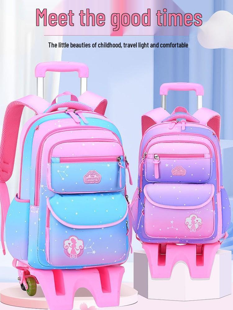 Bunter Gradienten-Trolley-Rucksack für Mädchen, 3.-6. Klasse, Tragbar oder Ziehbar umwandelbar, Großes Fassungsvermögen mit Doppelgurten