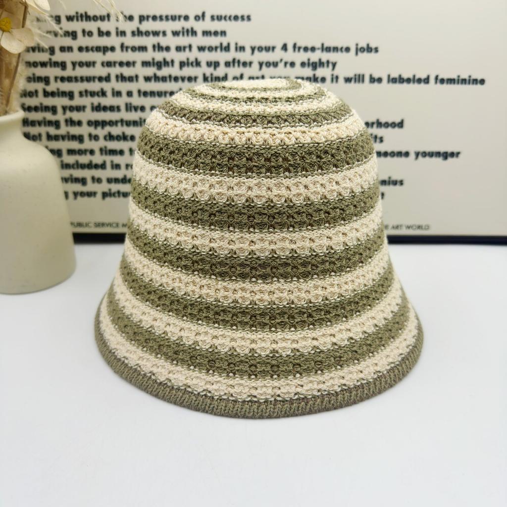 Retro Contrasting Striped Knitted Hat Breathable Sunscreen Bucket Hat Casual Face Small Sun Hat Children